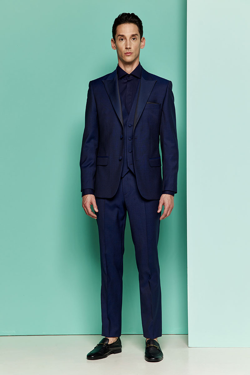 Ολόμαλλο Κοστούμι  Γάμου 856-081 Slim Fit σε Μπλε Χρώμα Bizzaro