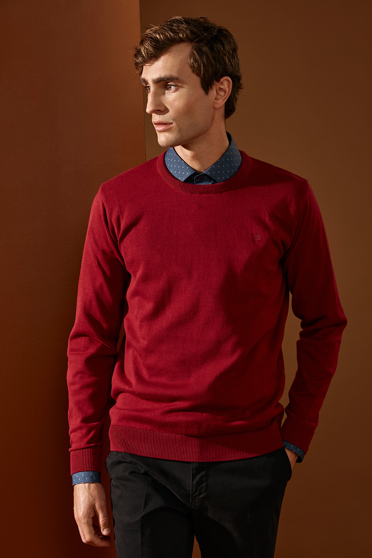 Alternative view of Guy Laroche Πλεκτή Βαμβακερή Μπλούζα Κολλεγίου με Λαιμόκοψη σε Red Wine Χρώμα