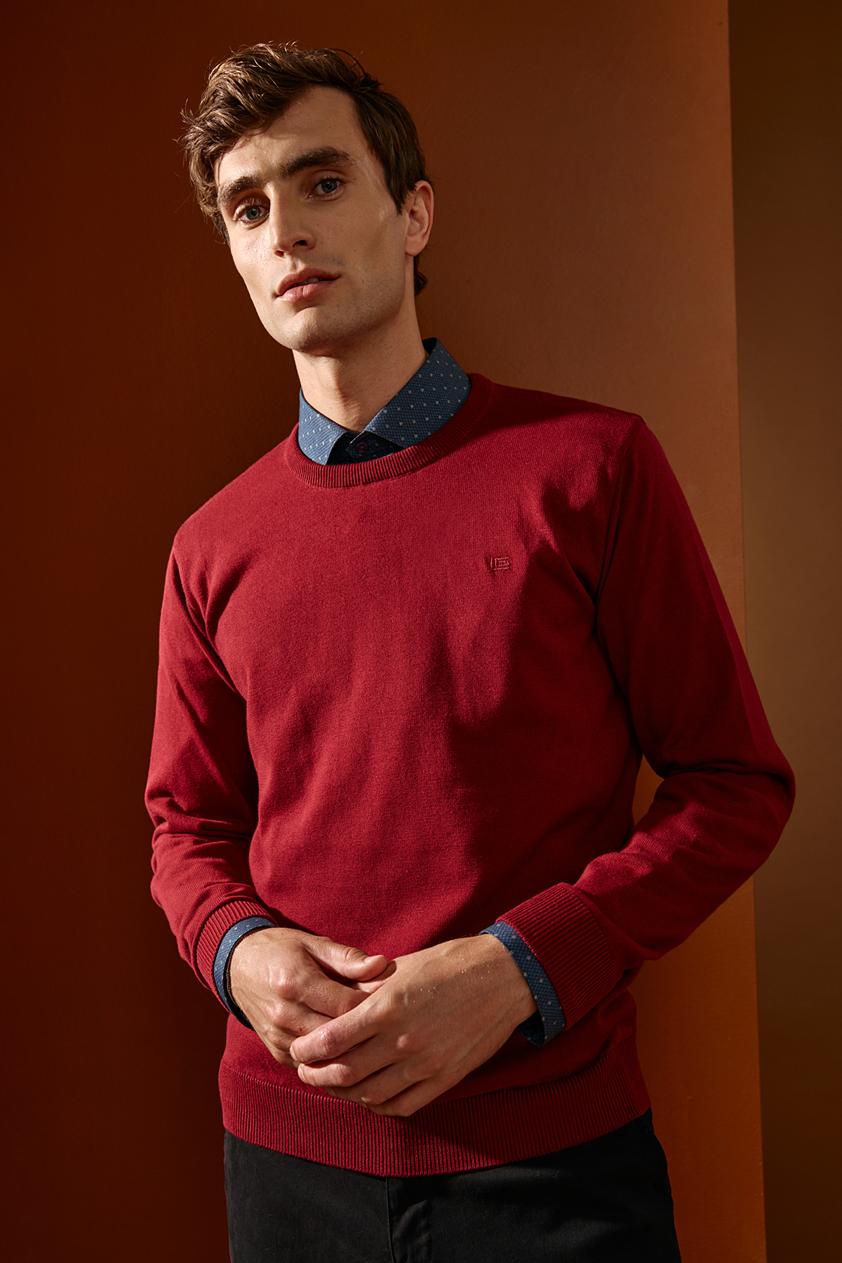 Guy Laroche Πλεκτή Βαμβακερή Μπλούζα Κολλεγίου με Λαιμόκοψη σε Red Wine Χρώμα - Image 4