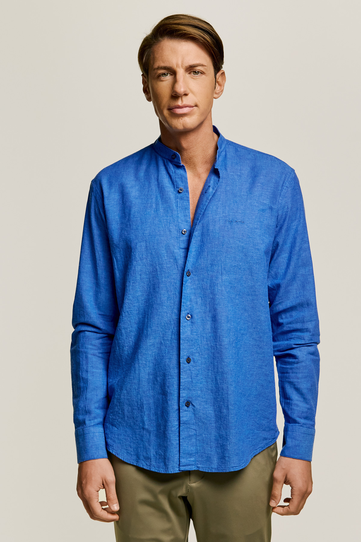 Alternative view of Guy Laroche Λινό Πουκάμισο με MAO Γιακά σε BLUE Χρώμα και Regular Fit