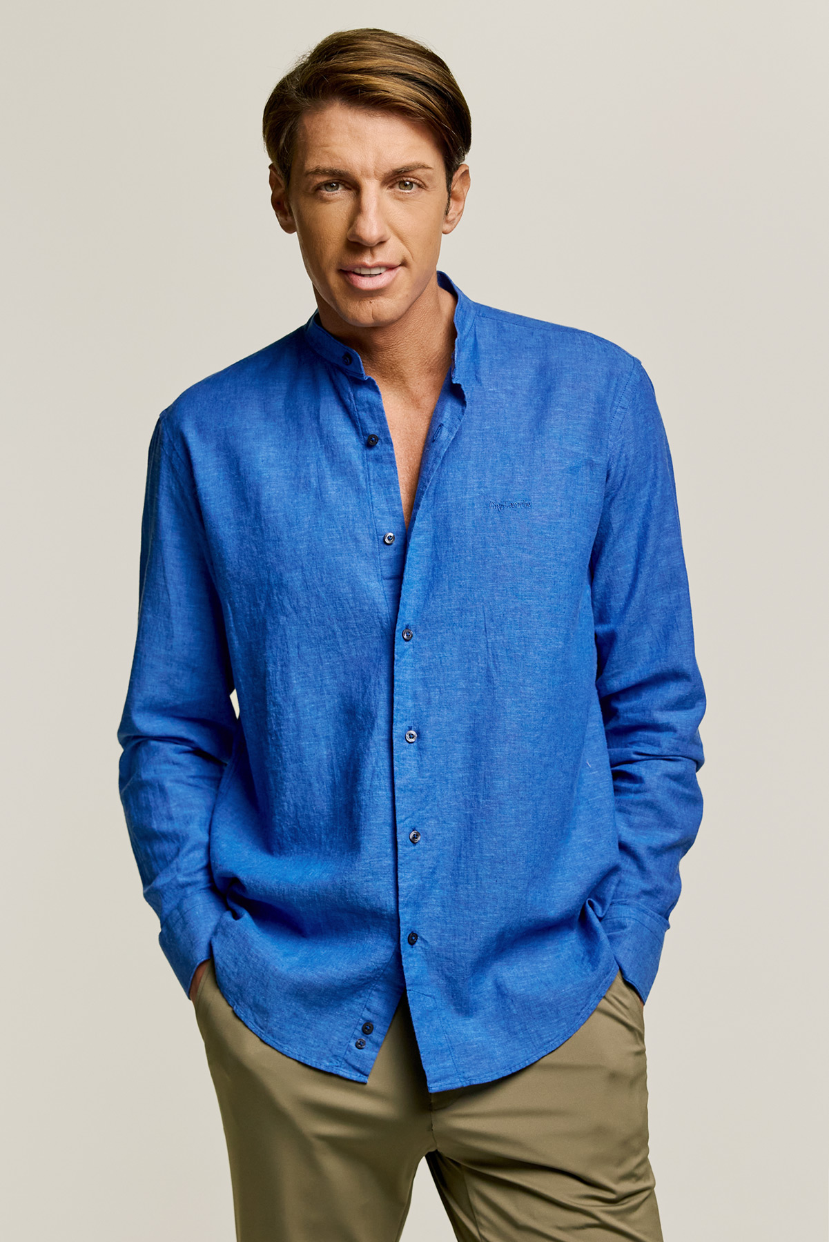 Guy Laroche Λινό Πουκάμισο με MAO Γιακά σε BLUE Χρώμα και Regular Fit