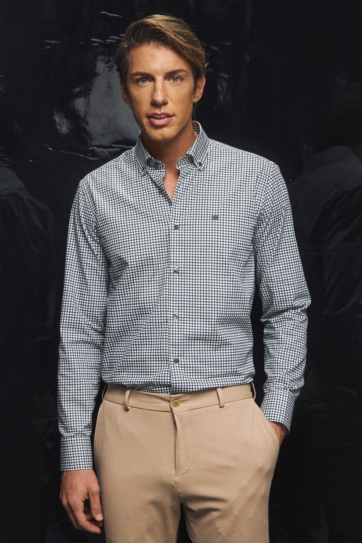 Guy Laroche Πουκάμισο με Κουμπί στο Γιακά, Βαμβακερό Καρό Λευκο,Πρασινο Χρώμα - Image 8