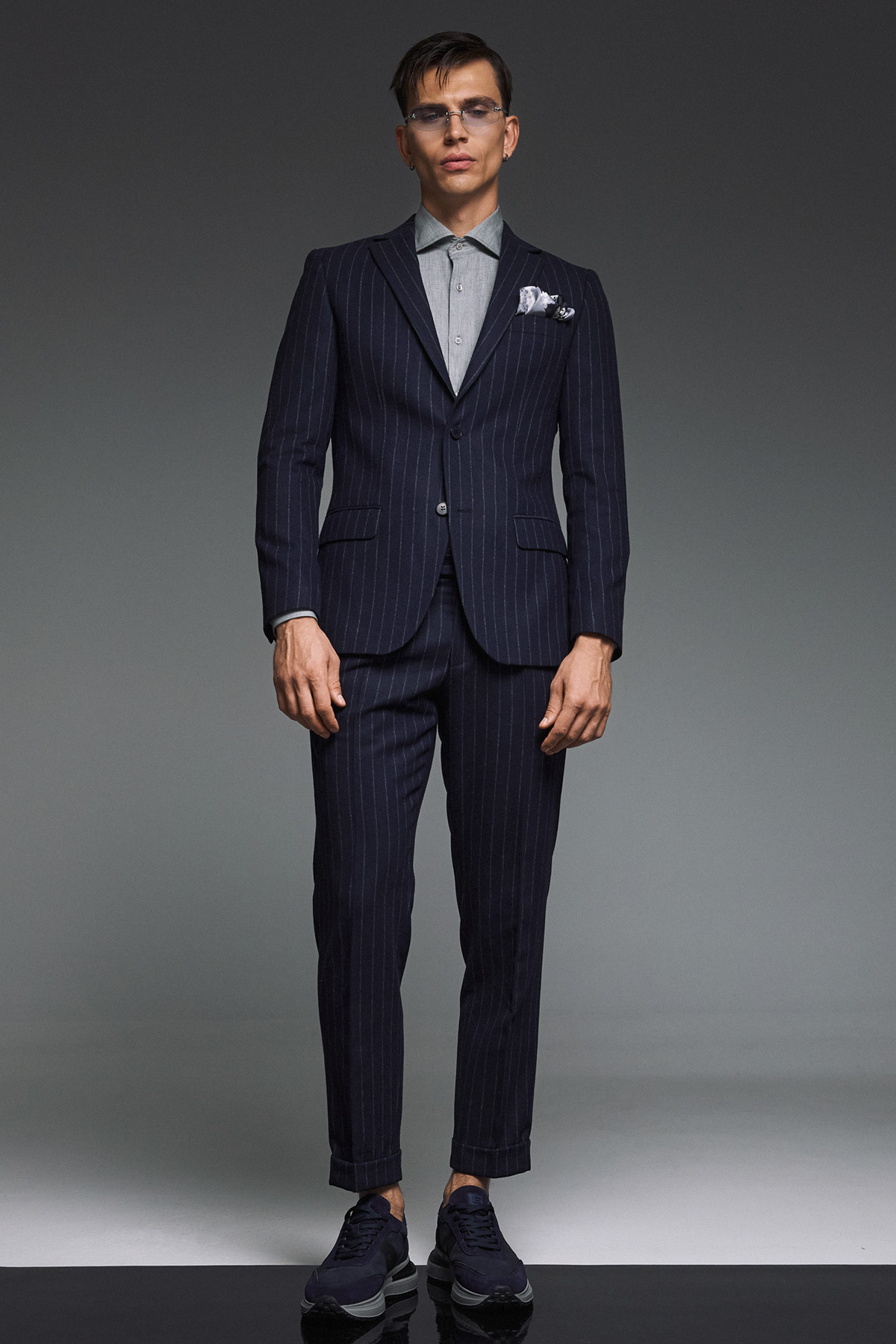 BIZZARO Κοστούμι Ριγέ, Παντελονι με Μεταλλικό Διακοσμητικό στο Ζωνάρι σε Μπλε Χρώμα , Slim Fit