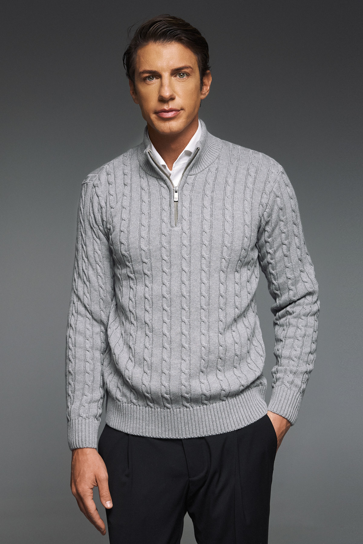 Guy Laroche Πλεκτή Βαμβακερή Μπλούζα με Φερμουάρ σε Grey Χρώμα