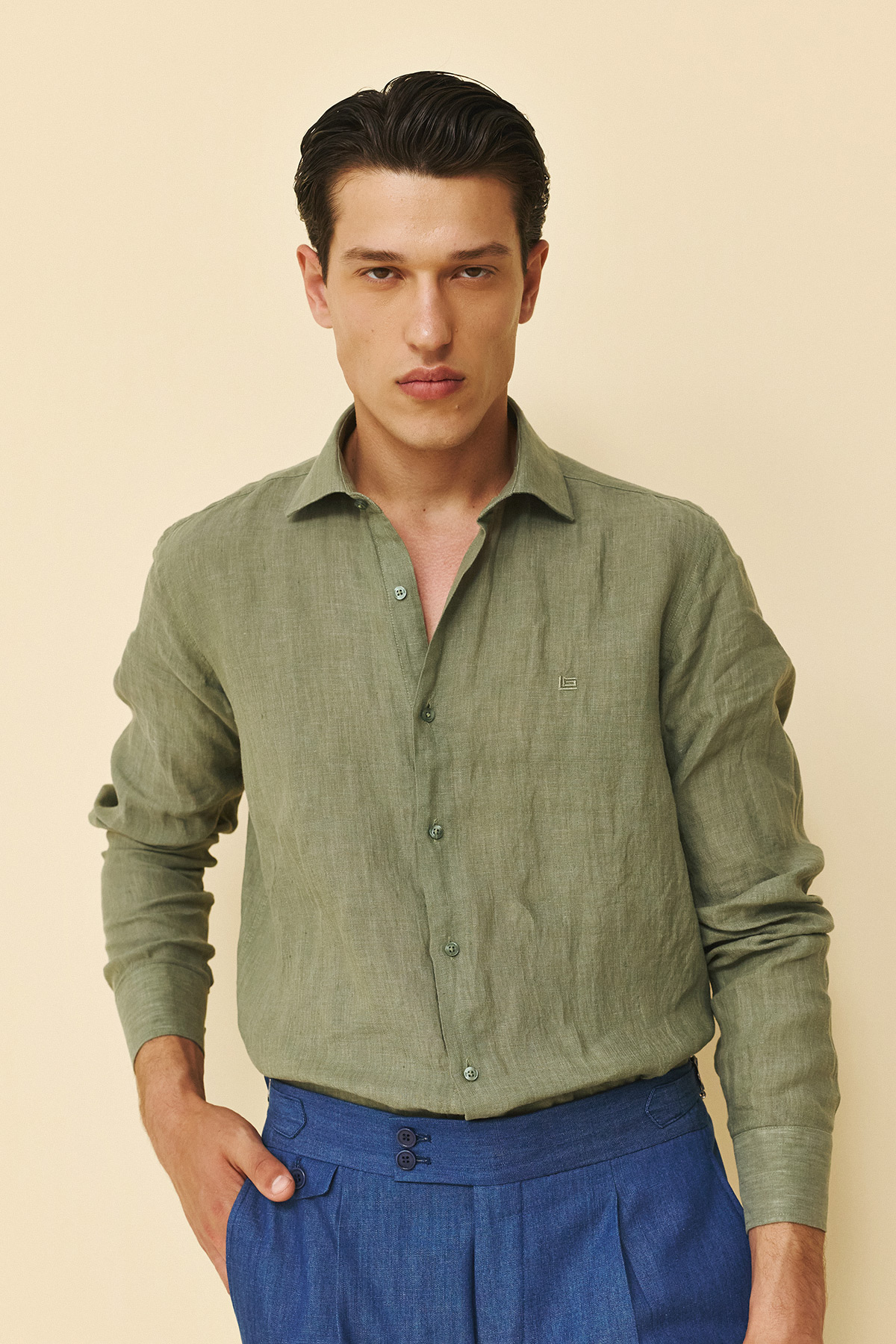 Guy Laroche Πουκάμισο Linen Classic Fit σε Chaki Χρώμα
