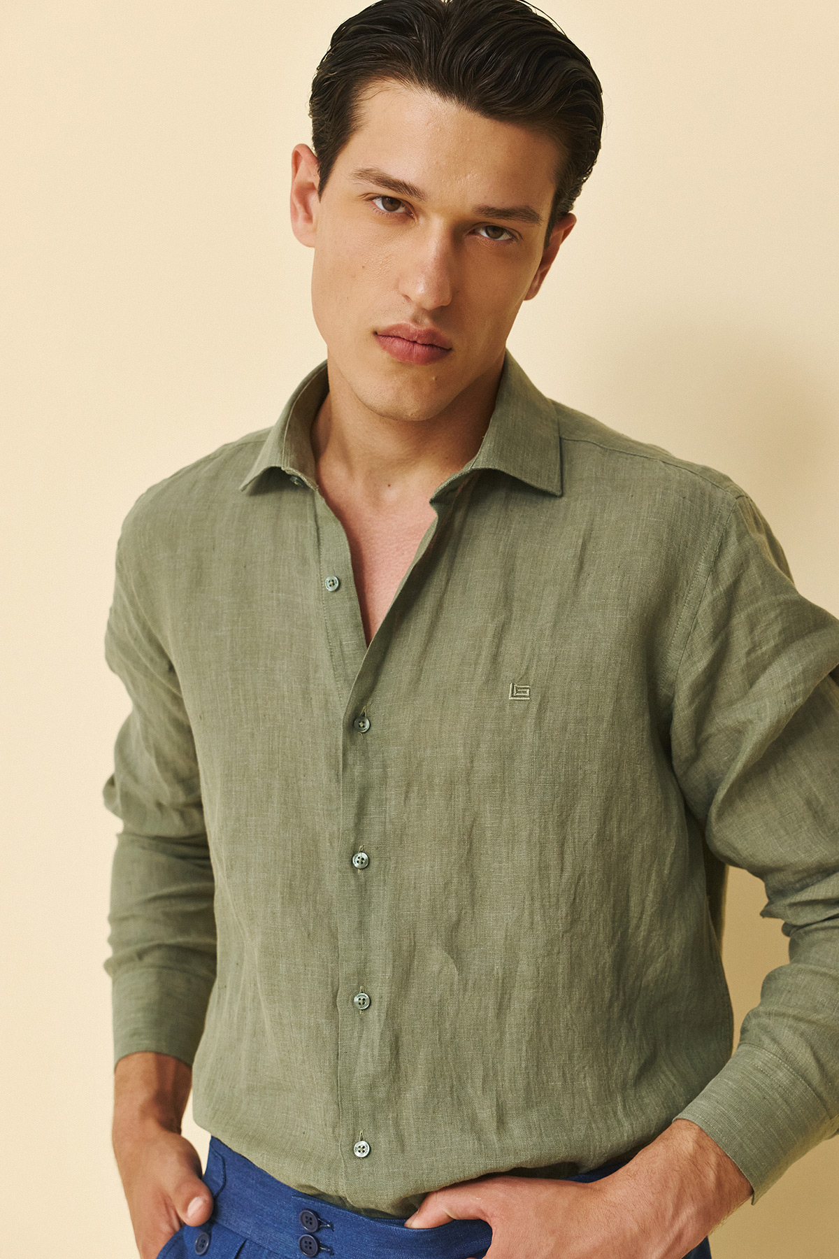 Guy Laroche Πουκάμισο Linen Classic Fit σε Chaki Χρώμα - Image 4