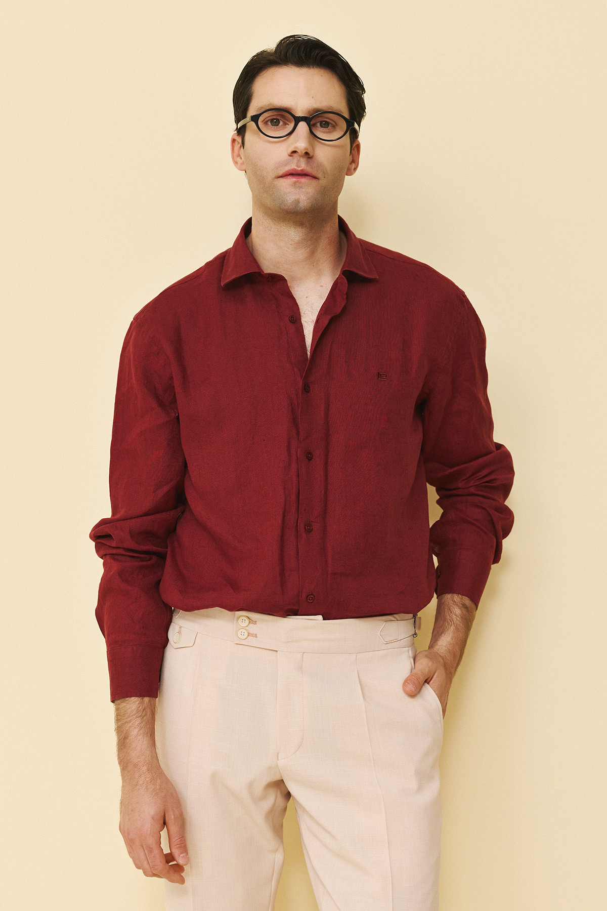 Alternative view of Guy Laroche Πουκάμισο Linen Classic Fit σε Red Wine Χρώμα