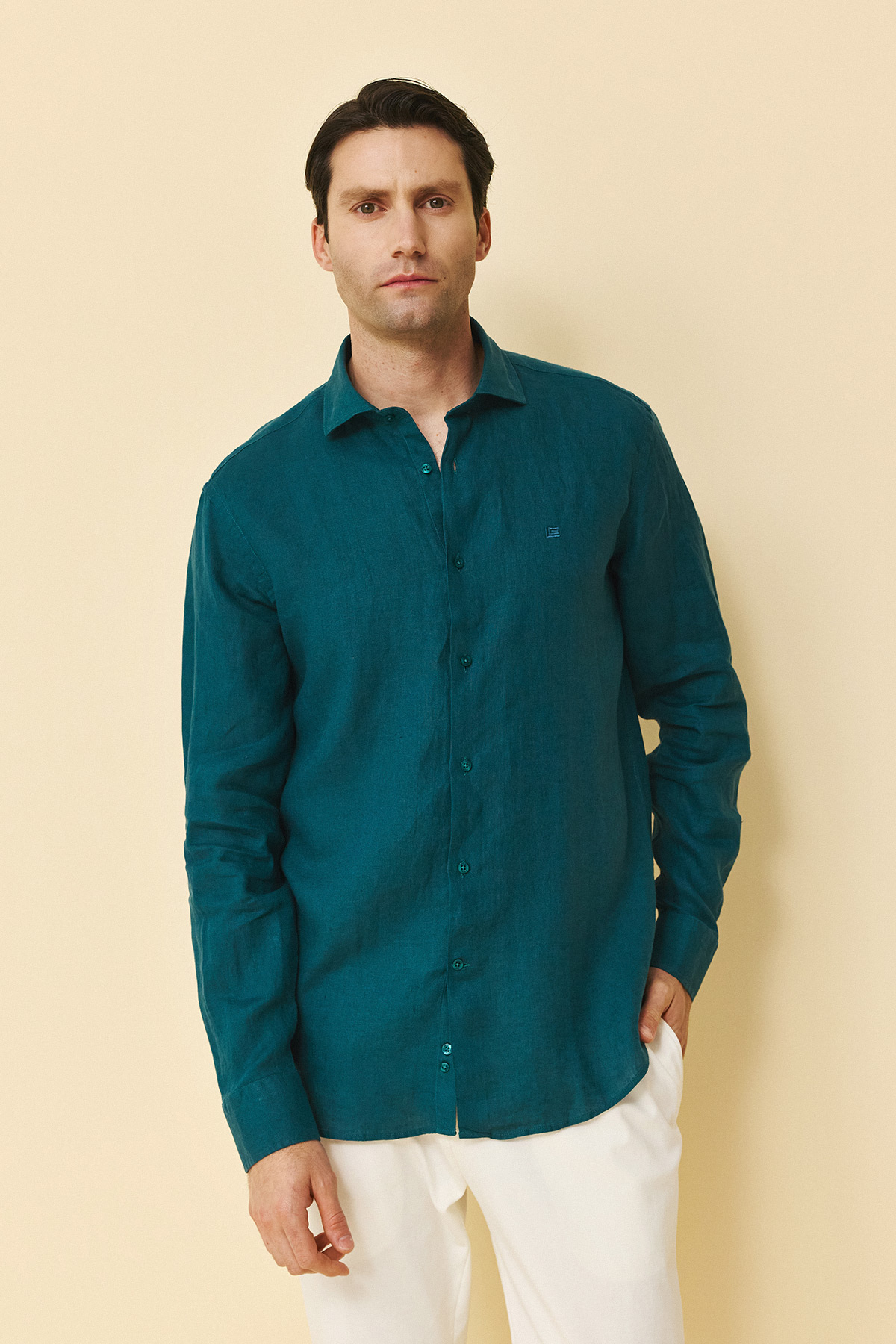 Guy Laroche Πουκάμισο Linen Classic Fit σε Petrol Χρώμα - Image 3
